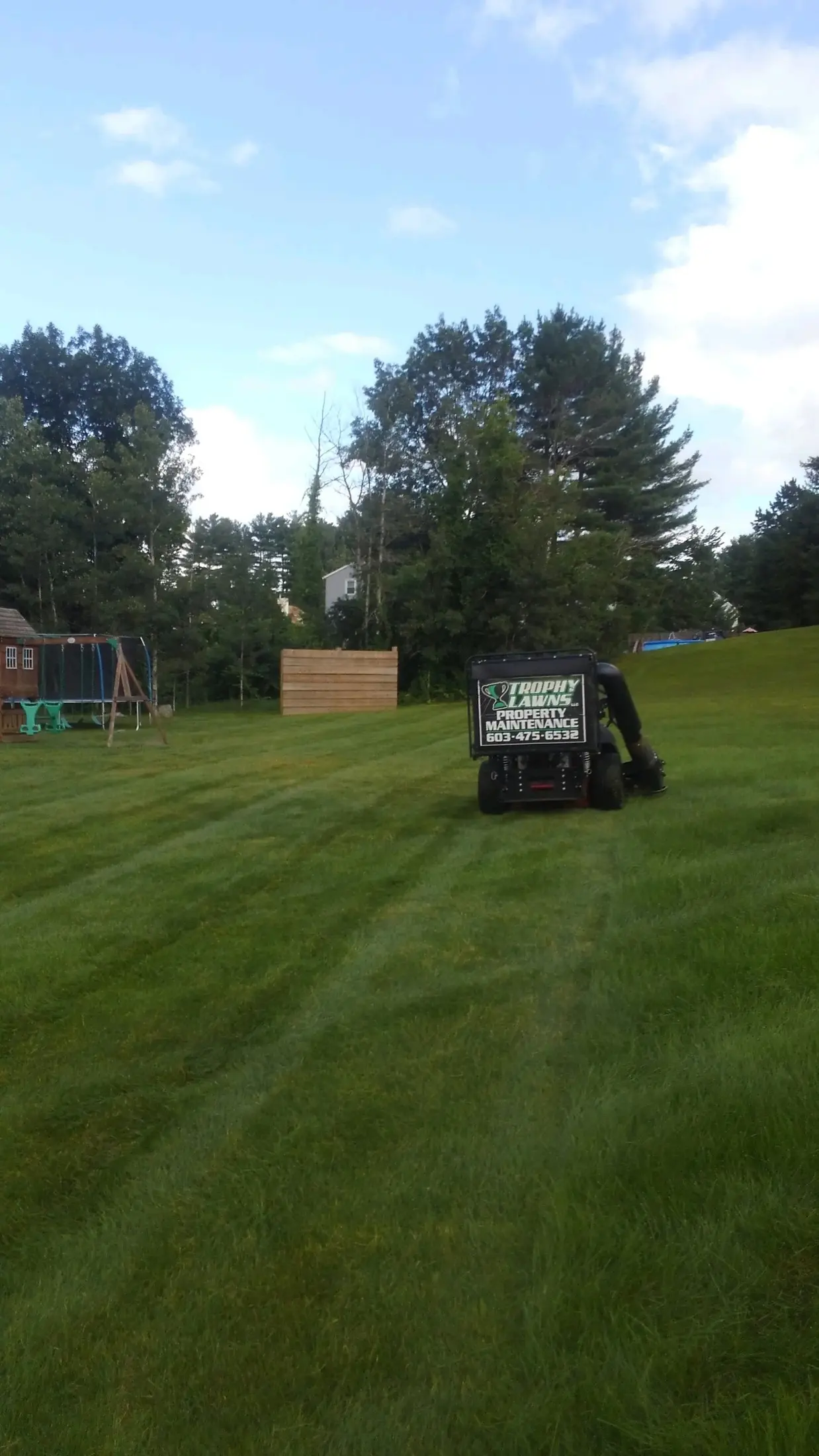 A lawn mower is sitting in the middle of a lush green field.