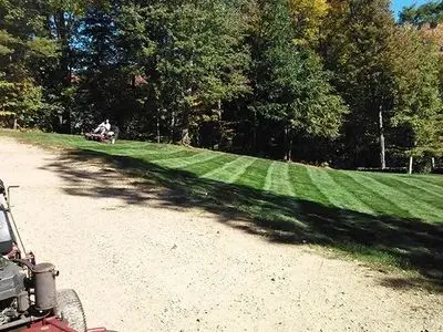 A person is riding a lawn mower down a dirt road.
